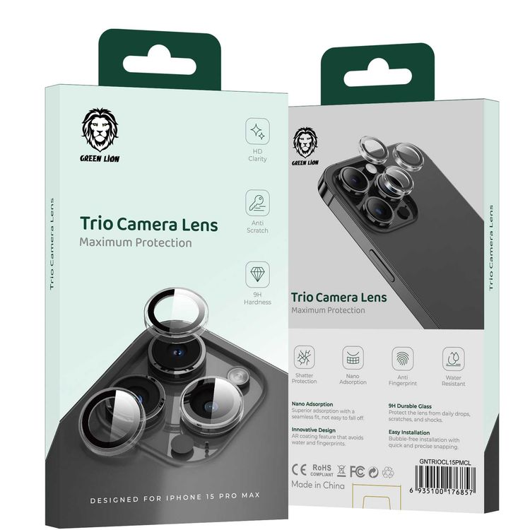 عدسة كاميرا ثلاثية من Green Lion لهاتف iPhone 15 Pro/iPhone 15 Pro Max، حماية من الكسر، مضادة للخدش، زجاج متين 9H، مقاومة للماء، طلاء مضاد للتوهج، سهلة التركيب - شفافة