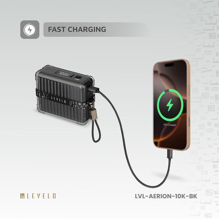Levelo Aerion Portable 10000mAh Power Bank with Luggage Design, LED Display, Over Current Protection, Lithium-ion Battery, Grip Cable, Fast Charging Support - Black