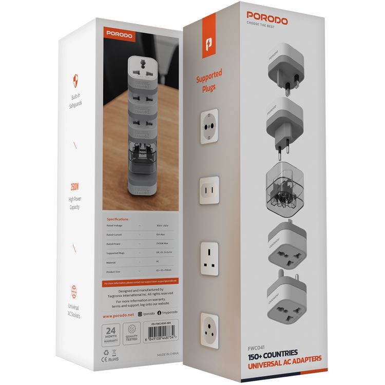 Porodo 150+ Countries Universal AC Adapters with UK, US, SA & EU Plugs, Portable & Multi-Functional Design, PC Material, 2500W High-Power Capacity, Built-in Safeguards - White