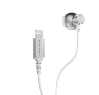 Powerology Lightning Mono Earphone with 5mW Max Power, 1.2m Cable Length, 32Ω Impedance, 14.2mm Driver Size, 110dB Sensitivity, Control Button, HD Sound Clarity - White