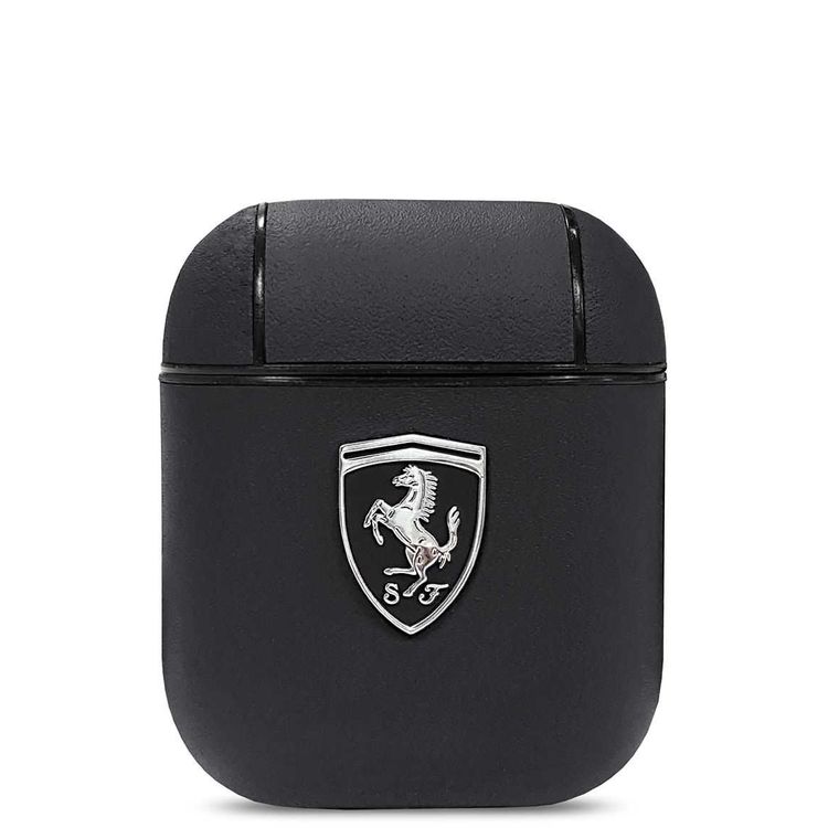 CG Mobile Ferrari PC Leather Black Shield Metal Logo متوافق مع AirPods 1/2 - أسود