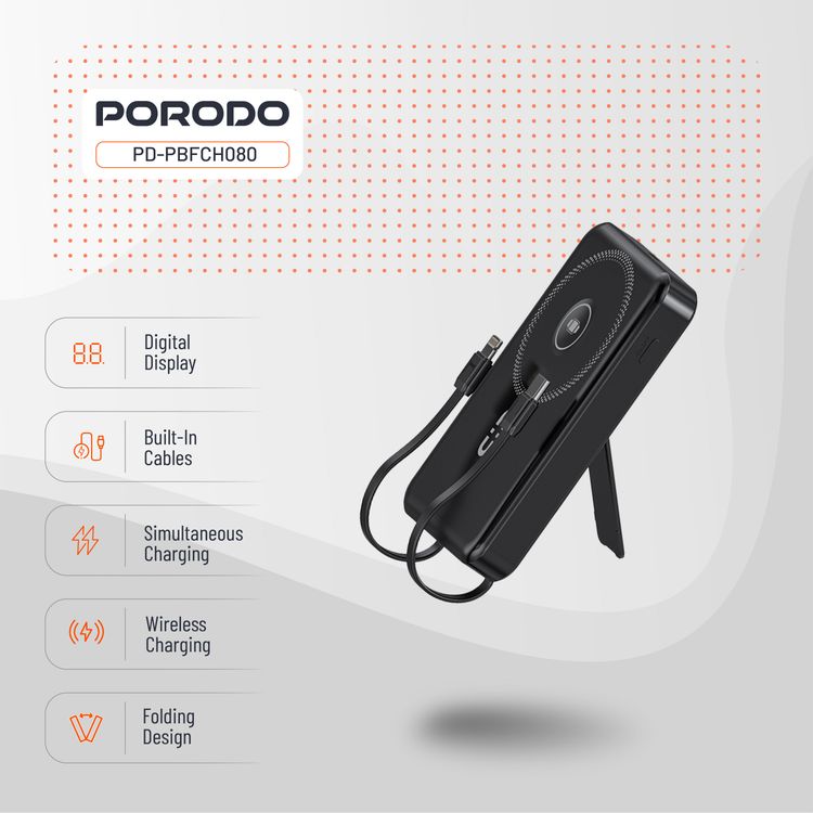 بورودو بنك طاقة لاسلكي مغناطيسي بسعة 10000 مللي أمبير مع حامل كابل مدمج USB-C + Lightning، شحن متزامن، عرض رقمي، PD 22.5W - أسود