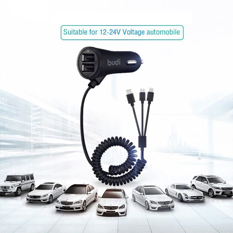 Budi M8J068T3 Car Charger / 17W Lightning / Micro USB / USB Type-C - Black