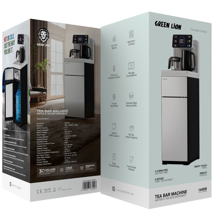 Green Lion Water & Tea Bar Dispenser Machine with Smart Touch Panel, 1.0L Kettle Capacity, Remote Control, 6-Stage Adjustable Temperature, 0.8L Teapot Capacity, 20W Thermal Insulation Power, Child Lock Protection System, Storage Compartment - White