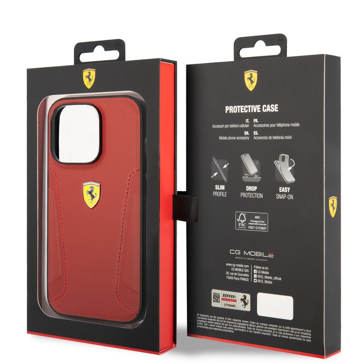 Ferrari Leather Case With Hot Stamped Sides & Yellow Shield Logo - iPhone 14 Pro - Red