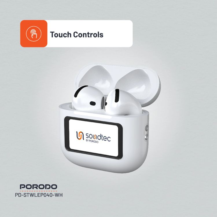 Porodo Soundtec Glimpse ANC Earbuds with Touch Display & Touch Control, 4 Hours of Play Time, Personalized App Control, High-Fidelity Audio, 300mAh Battery Capacity, 10m Transmission Range - White