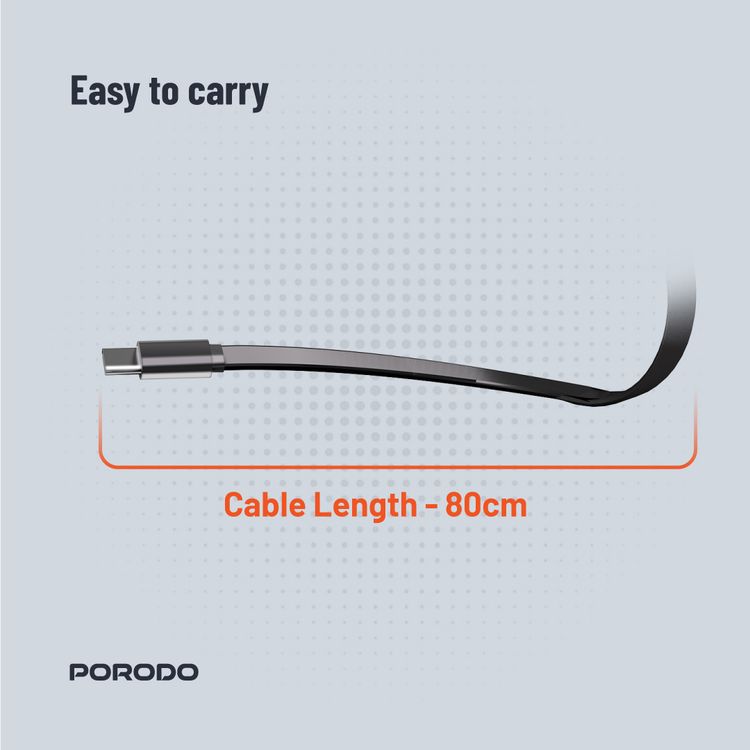 Porodo Dual Port & Connector Car Charger with Retractable Cable, 105W Total Output Power, Simultaneous Charging, USB-A & USB-C Ports, Type-C & Lightning Connectors, 80cm Cable Length, Digital Display, 27W Lightning Adapter, Universal Compatibility - Black