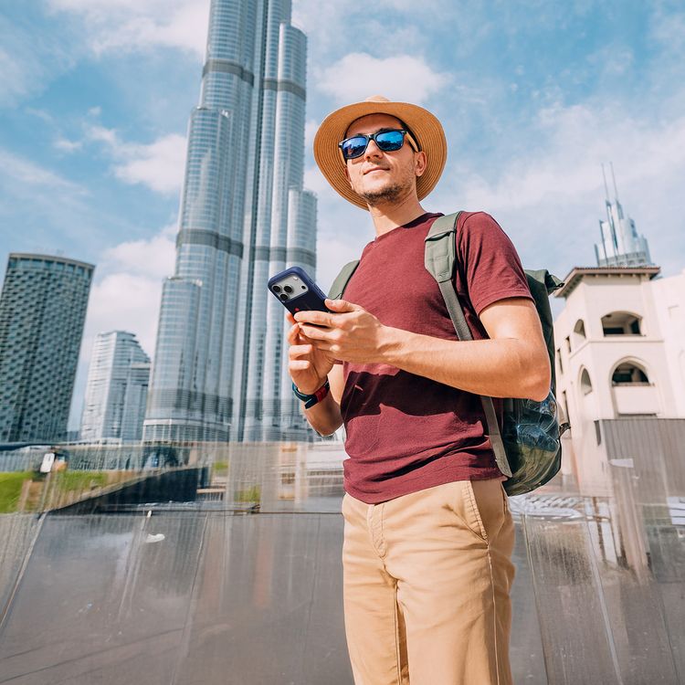 Levelo Vallo PU Leather Case for iPhone 17 Pro Max with Embroidery Dubai Finish, Comfortable Hold, Durable PU Leather, Raised Bezels for Camera and Screen, True Microfiber Interior Lining, Scratch & Wear Resistant, Shock-Resistant Bumper - Cobalt Blue