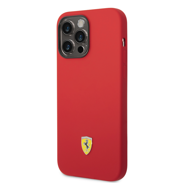 Ferrari Liquid Silicone Case with Black Camera Outline & Metal Logo iPhone 14 Pro Max Compatibility - Red