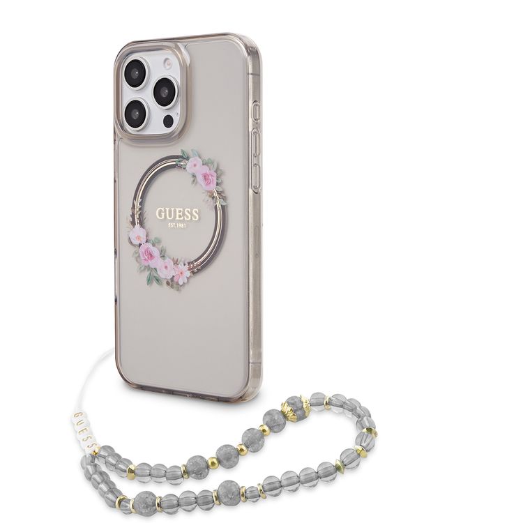 Guess Magsafe IML Hard Case for iPhone 16 Pro with Flower Wreath Design & Pearl Strap, Lightweight, Comfortable Grip, Drop Protection -Black 