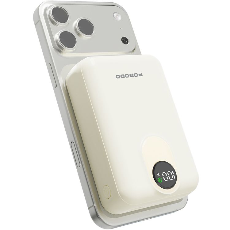 Porodo MAGNEX 20000mAh MagSafe Power Bank with PD 20W, Universal Compatibility, 15W Wireless Charging, Charging, USB-C & Lightning Input/Output - White 
