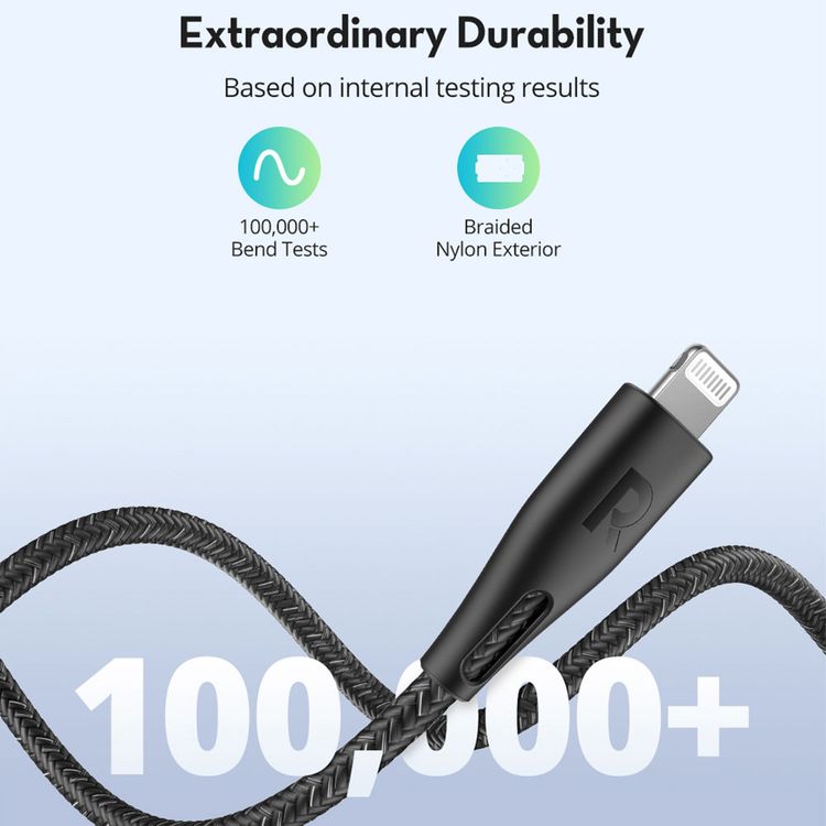 RAVPower Nylon Braided Cable 2M Compatible for Type-C to Lightning Cable, iPhone Connector Fast Charging and Data Transmitter Cord, Universal Compatibility MFi Certified - Black