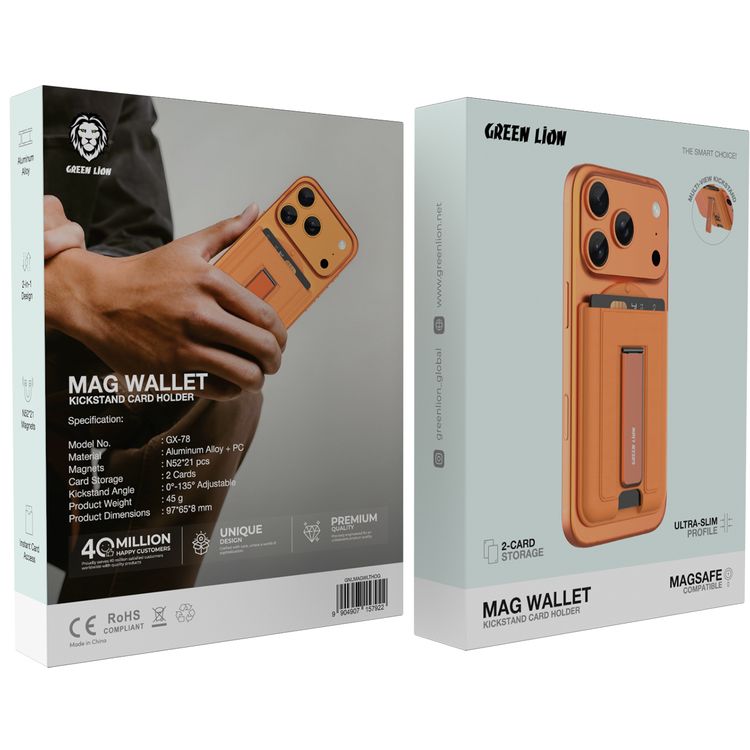 Green Lion Mag Wallet Kickstand Card Holder with 2-Card Storage, Ultra-Slim Profile, Aluminum Alloy, 2-in-1 Design, 21× Strong N52 Magnets, Instant Card Access, MagSafe Compatibility, Multi-View Kickstand - Orange