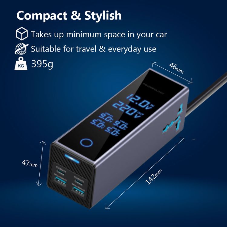 باورولوجي محول طاقة للسيارة بقوة 300 واط مع شاشة لمراقبة الجهد الكهربائي، مخرجين تيار متردد، منفذين USB-A ومنفذين USB-C، توصيل طاقة 36 واط، قدرة على الشحن المتزامن، مقبس DC بطول 54 سم، وسائل حماية مدمجة - رمادي