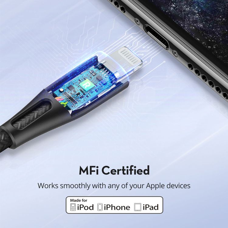 RAVPower Nylon Braided Cable 2M Compatible for Type-C to Lightning Cable, iPhone Connector Fast Charging and Data Transmitter Cord, Universal Compatibility MFi Certified - Black