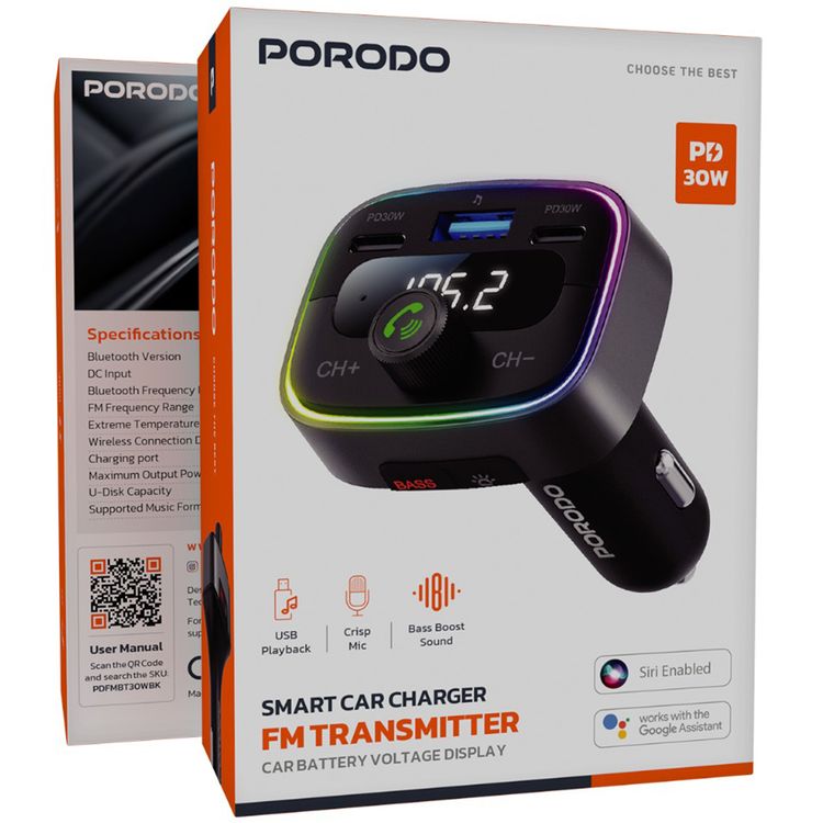Porodo Smart Car Charger FM Transmitter with Dual PD 30W, Bluetooth 5.4, USB Disk Reading, Car Battery Voltage Display, Crisp Mic, Bass Boost Sound, LED Ambient Light, and FM Audio Streaming – Black