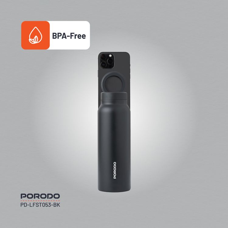 Porodo Magnetic Mount Water Bottle with Strong Magnetic Hold, Stainless Steel Material, Double-Wall Insulation, Versatile and Portable, Strong Magnetic Hold, Works with MagSafe, Wide Round Mouth - Black 