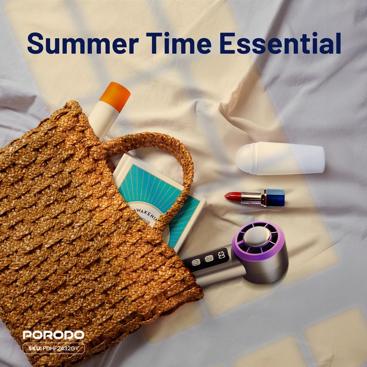 Porodo Frostwave Portable Cooling Fan with 5 Adjustable Speed Levels, 3000mAh Battery Capacity, 5 Hours Fan Working Time, 3 Hours Cooler Working Time, DC Brushless Motor, USB-C Charging Interface, Cold Breeze Function, Compact & Portable - Gray