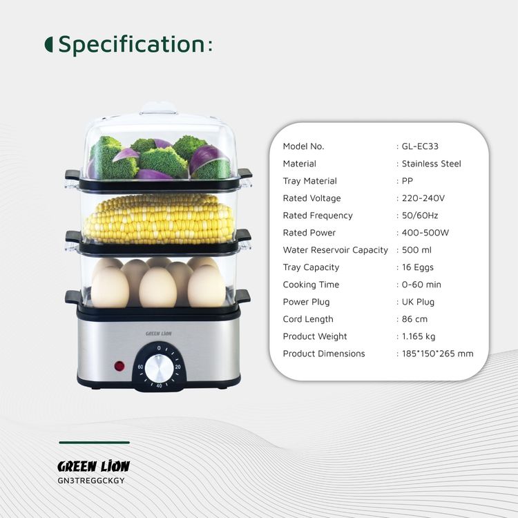 Green Lion 3-Tier Egg Cooker & Vegetable Steamer with 500mL Water Reservoir Capacity, 16 Eggs Tray Capacity, 0-60 Minutes Cooking Time, Stainless Steel Material, Polypropylene Tray Material, Steam Vent Lid, Rotary Knob, Light Indicator- Gray