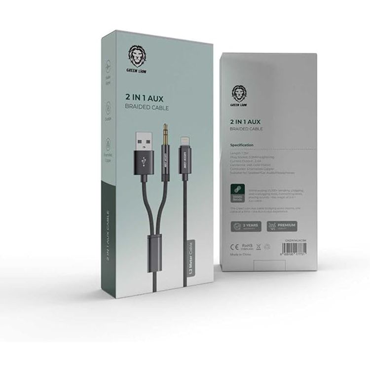 Green Lion 2-in-1 Braided Cable with AUX & USB-A to Lightning Connection, 1.2m, 2.4A Output Current, 24K Gold-Plated Connector, Enameled Copper Conductor, 10000+ Bends - Black