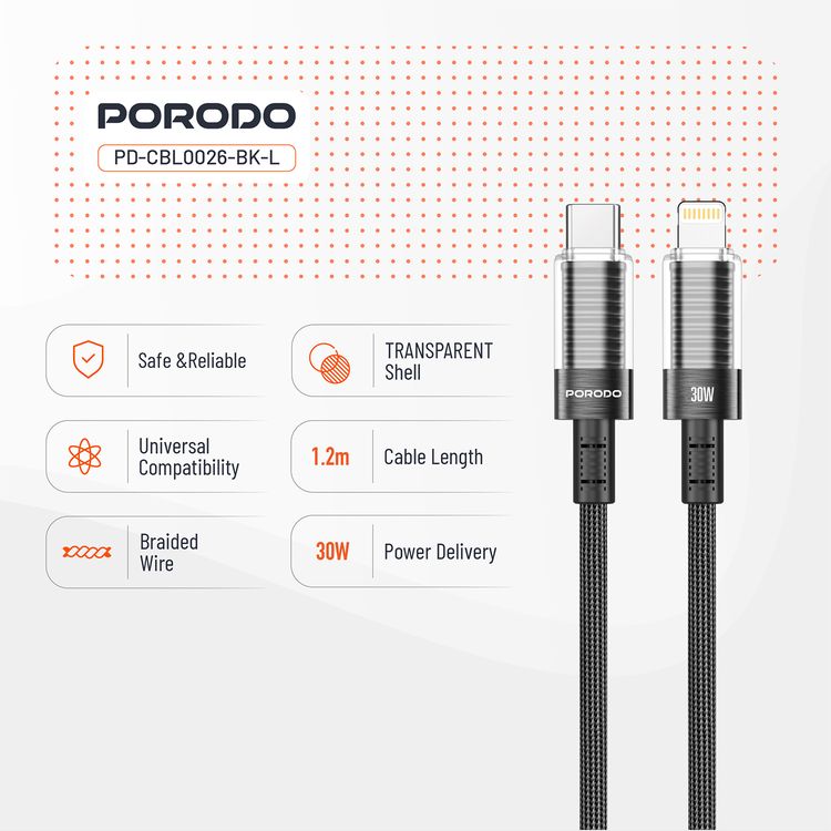 كابل USB-C إلى Lightning شفاف من Porodo، بطول 1.2 متر، متوافق عالميًا، PD 30W، آمن ومضمون، شاحن سريع للبيانات - أسود