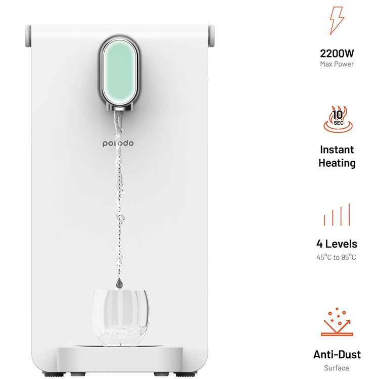 Porodo Lifestyle Instant Hot Water Dispenser with Automatic Ambient Lighting, 10-Second Instant Heating, 4 Levels Temperature Adjustment - White