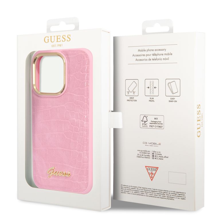 Guess PU Croco Case with Metal Camera Outline, Latest Design iPhone 14 Pro Compatibility - Pink