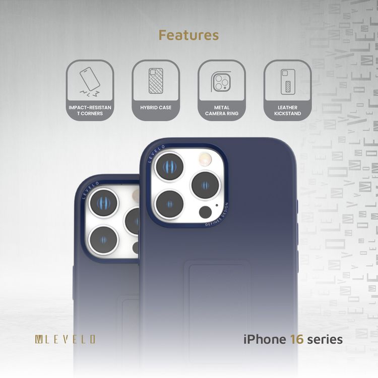 كفر حماية سيليكون Levelo Morphix مع قبضة جلدية لهاتف iPhone 16 Pro Max، حلقة معدنية للكاميرا، حامل متعدد الوظائف، زوايا مقاومة للصدمات، مواد فائقة المتانة - أزرق غامق