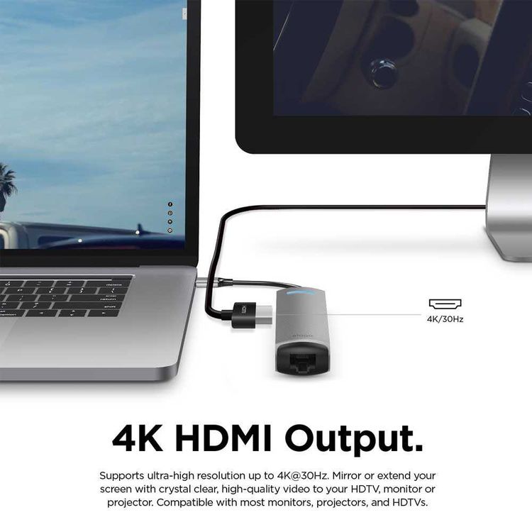 Elago 6 in 1 Ethernet HDMI Multi Hub USB-C, 4k HDMI, PD Charging Port, & Three USB 3.0 Ports, Compatible w/ USB Type-C Laptops, Smartphones, etc., Speedy Data Transfer - Dark Gray
