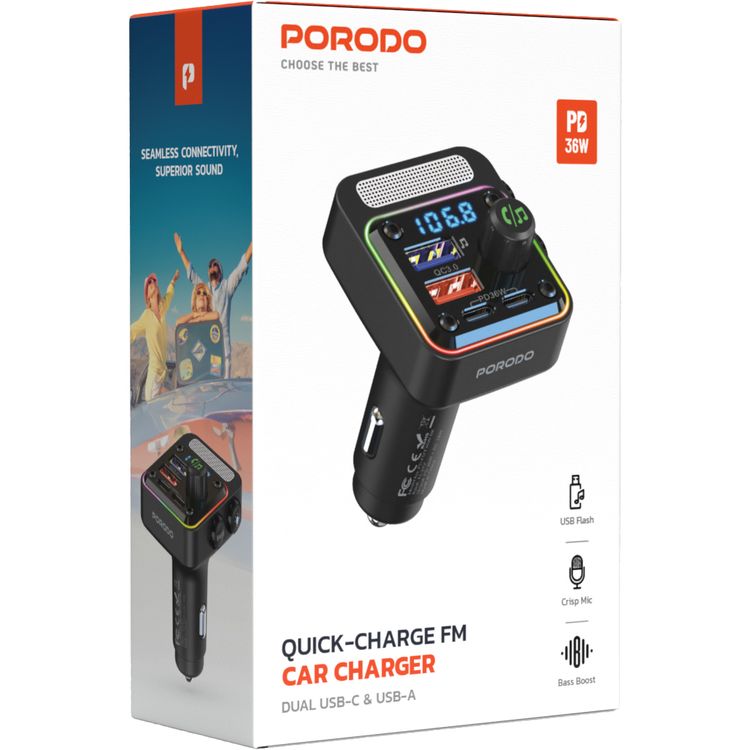Porodo 3-in-1 FM Car Charger with 36W Power Delivery, 10m Bluetooth Range, Built-in Microphone, Multi-Port Charging, Up to 32 GB USB Flash Drive - Black