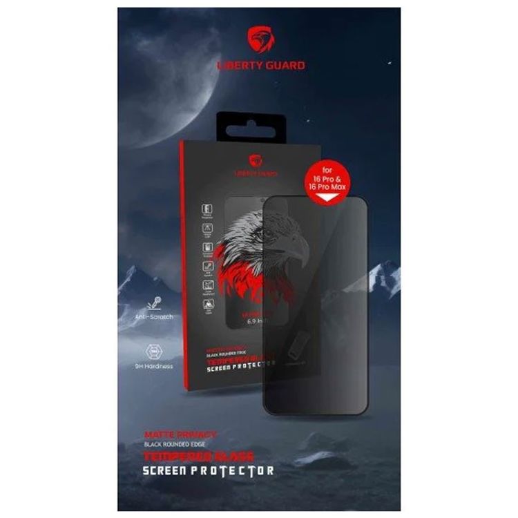 واقي شاشة Liberty Guard لهاتف iPhone 16 Pro Max مع غطاء كامل للخصوصية، زجاج مقسّى، حافة مستديرة 2.5D، لمسة نهائية غير لامعة، معزز ثلاثيًا، طلاء مضاد للتآكل، صلابة 9H، مضاد للخدش، مضاد لبصمات الأصابع، وظيفة مضادة للكهرباء الساكنة - أسود غير لامع