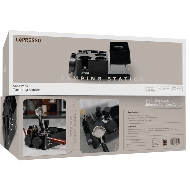 LePresso Tamping Station for 51/58 Portafilter Baskets, ABS Plastic & Silicone Material, Multi-Slot Base, Durable & Compact Design - Black