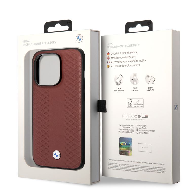 BMW Magsafe Compatibility Signature Collection Genuine Leather with Diamond Hot Stamp Pattern iPhone 14 Pro Max Compatibility - Burgundy