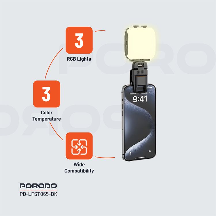 Porodo Lifestyle Clip-On Fill Light with 3 Color Temperatures, 1000mAh Battery Capacity, Up to 24 Hours Working Time, 3 RGB Lights, Wide Compatibility, 4W Power - Black