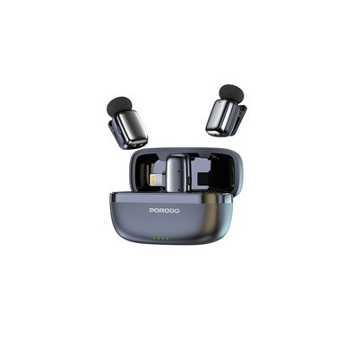 Porodo Wireless Lavalier Microphones with Lightning Connector, Noise Reduction, 33 Hours Working Time with Charging Case, 250mAh Case Battery Capacity, <22ms Latency, Plug & Play - Black