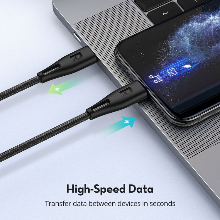 RAVPower Nylon Braided Cable 2M Compatible for Type-C to Lightning Cable, iPhone Connector Fast Charging and Data Transmitter Cord, Universal Compatibility MFi Certified - Black