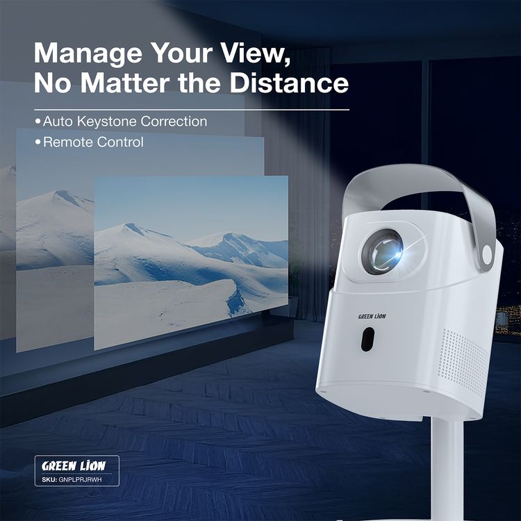 Green Lion Pluto 4K Portable Projector with High Quality Sound, Remote Control, ABS & PC Material, UK Power Plug, 30000+ Hours LED Lifespan, Wireless Screen Mirroring, Auto Keystone Correction, 8GB Storage, 90° Rotation, HDMI, USB, Wi-Fi and 5.0 Bluetooth Version Connectivity - White