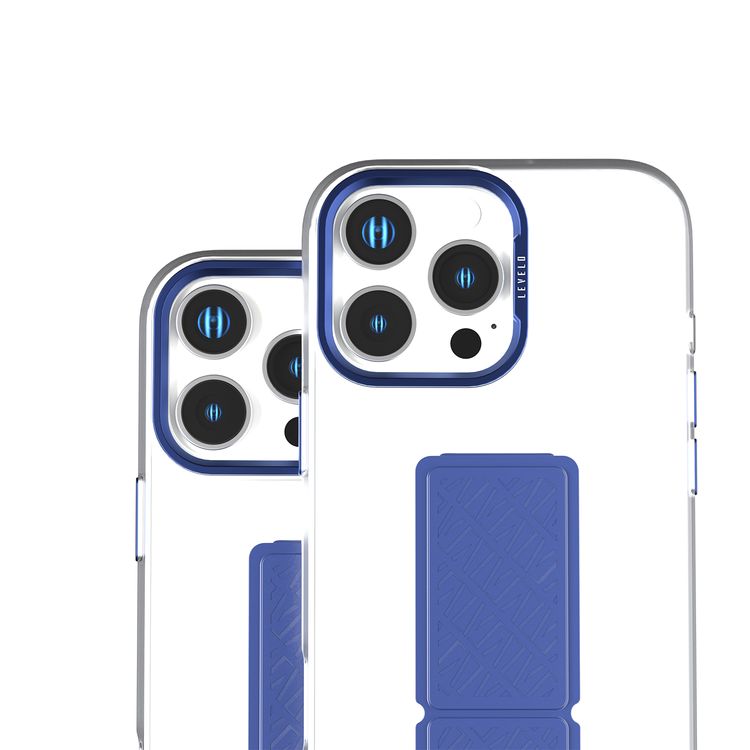 Levelo Morphix Clara Case for iPhone 16 Pro, Hybrid Material, Impact-Resistant Corners, Built-in Leather Grip, Metal Camera Ring - Blue