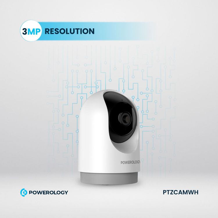 Powerology Indoor PTZ Smart Camera with Human Detection & Motion Sensor, 100° Field of Vision, 3MP Resolution, Pan & Tilt Control, Two-Way Audio - White