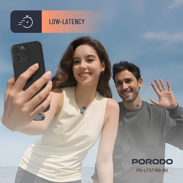 Porodo Wireless Lavalier Microphones with Lightning Connector, Noise Reduction, 33 Hours Working Time with Charging Case, 250mAh Case Battery Capacity, <22ms Latency, Plug & Play - Black