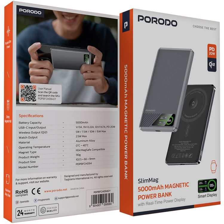 Porodo SlimMag 5000mAh Magnetic Power Bank with Real-Time Power Display, N54 Magnet Type, Aluminum Alloy Material, 2.5W Watch Output, Qi2 Wireless Charger, MagSage Compatibility - Gray