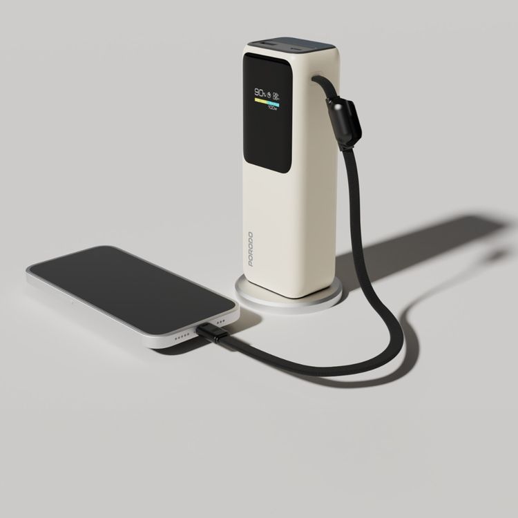 Porodo 20000mAh Power Bank with Smart TFT Display, USB-C & USB-A Ports, Built-in Safeguards, 100W Power Delivery, Fast Charge, 15W Total Output, Built-in USB-C Cable - Beige