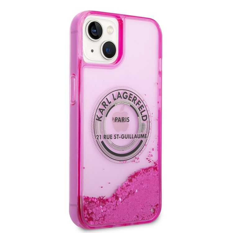 Karl Lagerfeld Liquid Glitter Case Silicone Round RSG Logo Ultra-Thin iPhone 14 Compatibility - Pink
