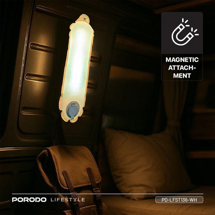 Porodo Inflatable Outdoor Magnetic Tube Light with Warm & White Light, Up to 15 Hours Working Time, Magnetic Attachment, Up to 150 Lumens Brightness, 2000mAh Battery Capacity, Type-C Charging Port, TPU Material - White