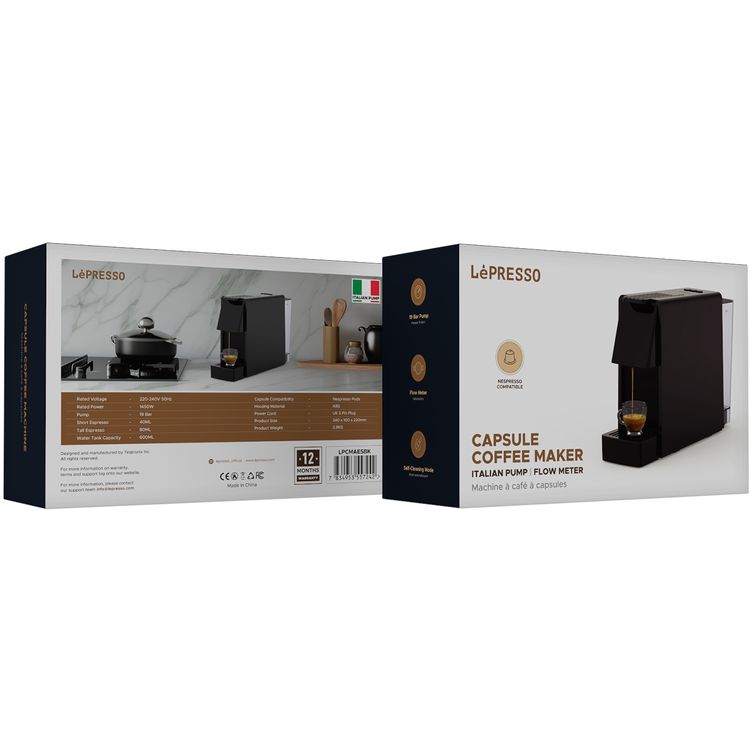Lepresso Coffee Maker with Capsule Auto Ejection System, 19 Bar Pressure Pump, Flow Meter, Self-Cleaning Mode, 1450W Rated Power, 600mL Water Tank Capacity - Black