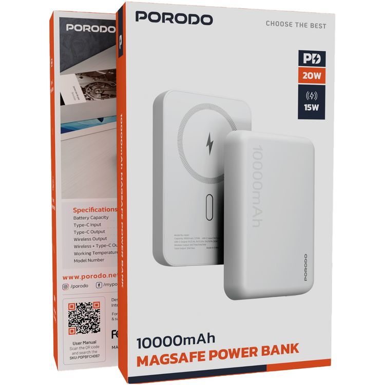 بورودو باور بانك MagSafe بسعة 10000mAh مع شحن سريع، تصميم محمول ومدمج، مدخل Type-C، مخرجات لاسلكية وType-C، درجة حرارة تشغيل من 10° C إلى 45° C، تثبيت مغناطيسي قوي، توصيل الطاقة بقوة 20 واط - أبيض.