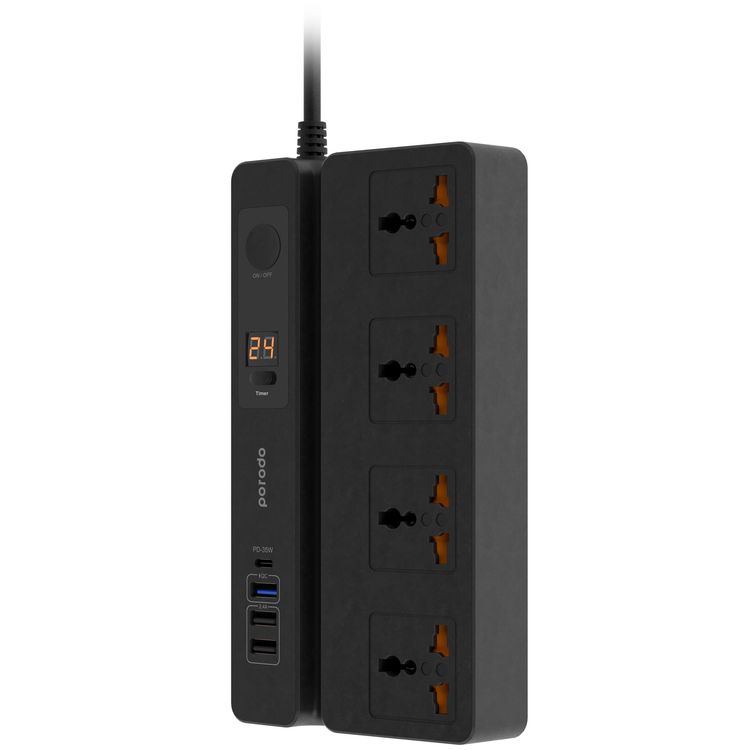 Porodo Multi-Function Power Socket with Phone Stand and Digital Timer - Black