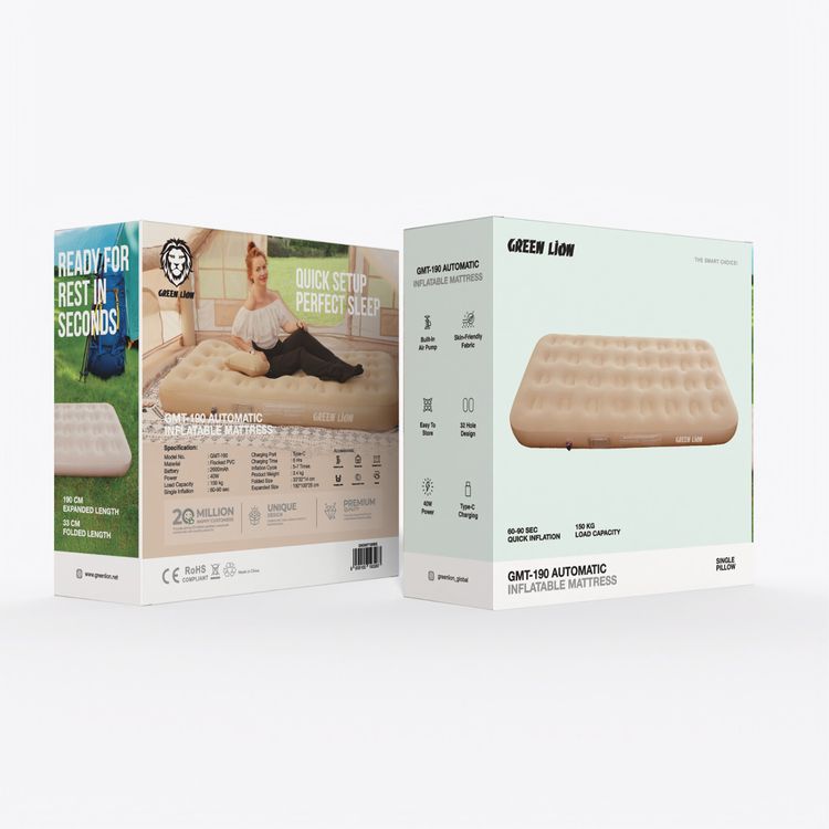 Green Lion GMT-190 Automatic Inflatable Mattress with Built-in Pump, 150kg Load Capacity, Skin Friendly Fabric, Easy to Keep, Single Pillow, 40W Power - Beige