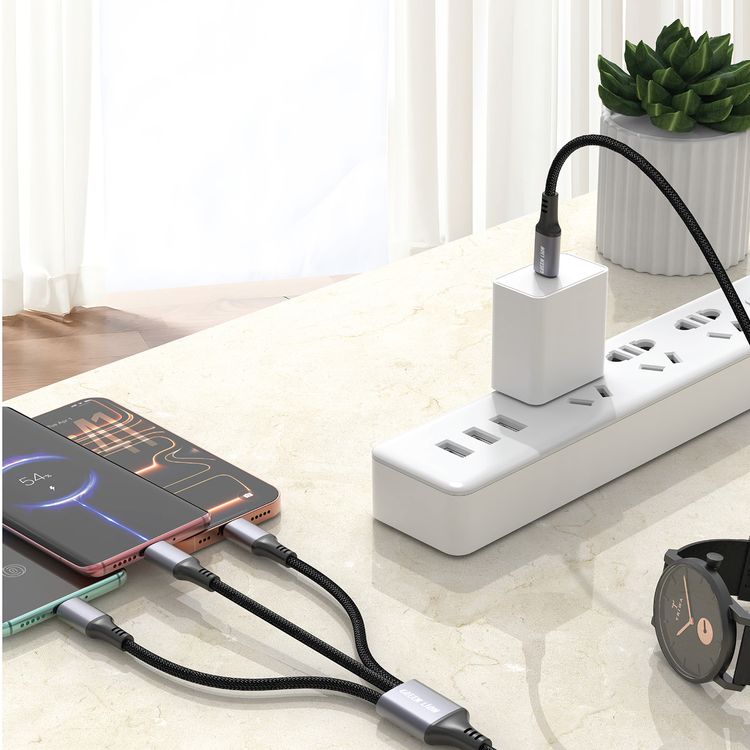 Green Lion 3-in-1 USB-A Cable to 2 USB-C/Lightning, with 10000 Bends Lifespan, 1m Length, Secure & Safe, Charge & Sync, 27W Charging, USB 2.0 480 Mbps Data Transfer, Braided + TPE + Aluminum Alloy Material - Black