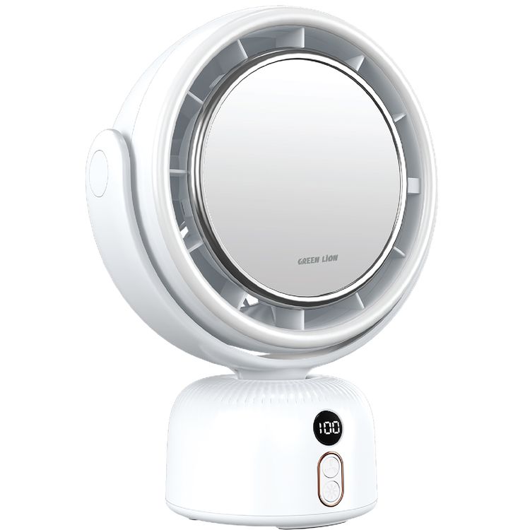 مرآة المكياج من جرين ليون مع مروحة، 5 مستويات لسرعة المروحة و3 أوضاع للإضاءة، حتى 11 ساعة من وقت العمل، منفذ شحن USB-C، دوران قابل للتعديل، شاشة رقمية، قاعدة مانعة للانزلاق، 51 ضوء LED، بطارية بسعة 5400 مللي أمبير - أبيض